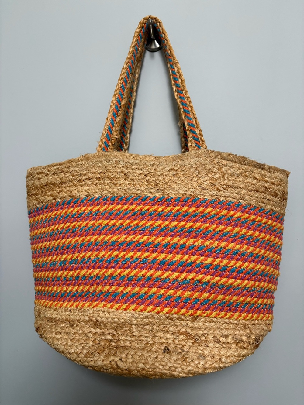 Woven Jute Tote Bag with Multicolor Stripe Accent